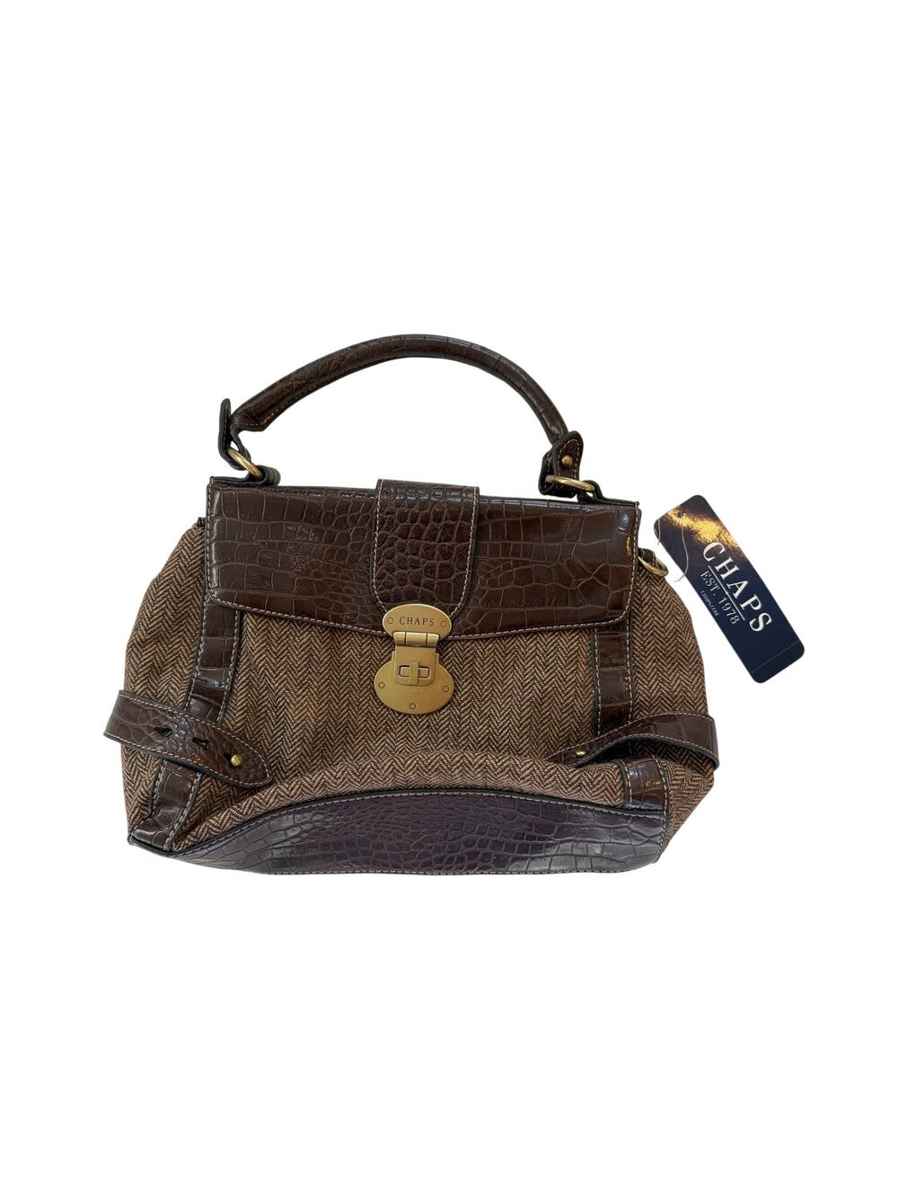 NWT Chaps Faux Leather Alligator Print Herringbone Shoulder Bag Purse Brown Y2K